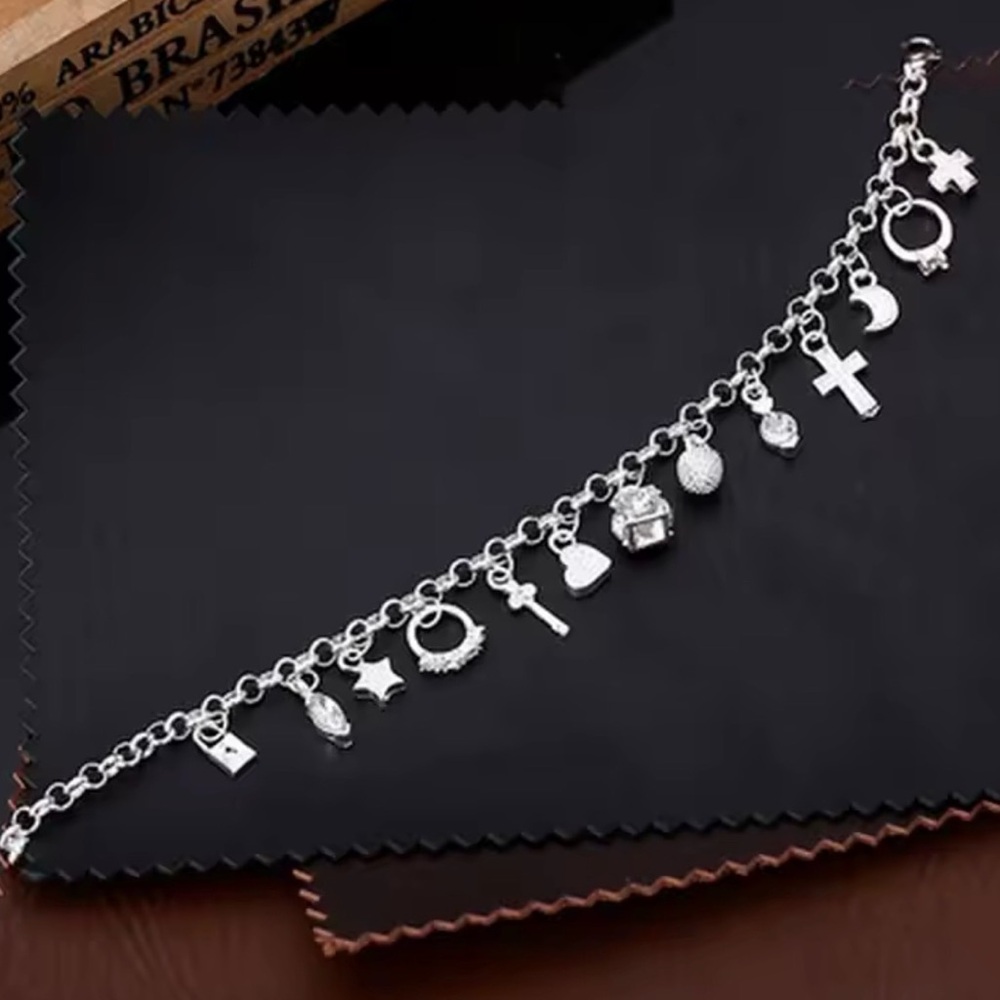 .925 Sterling Silver 13 Charms Bracelet - Picture 4 of 8